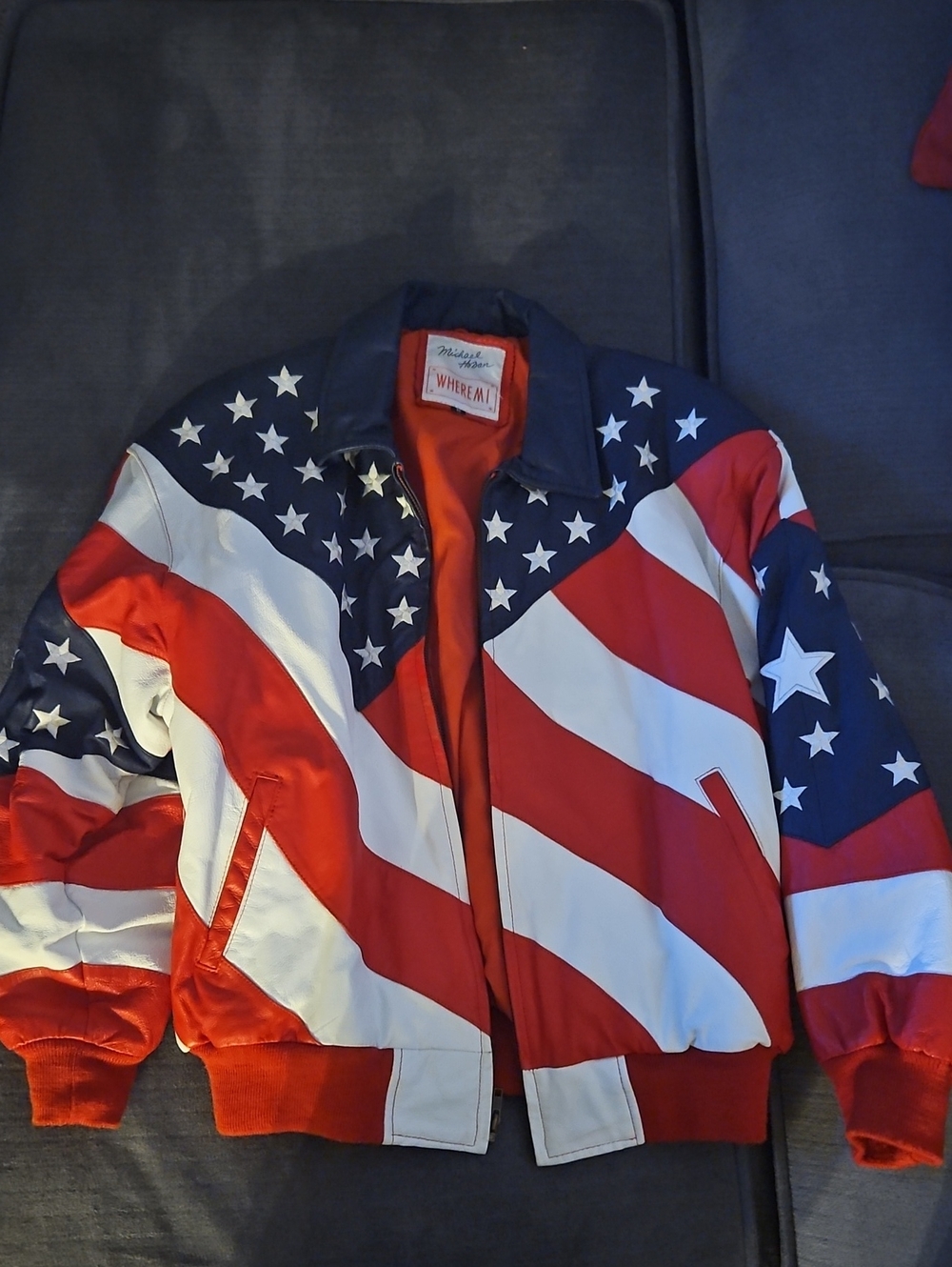 Vintage 90s Michael Hoban WHEREMI American Flag Bomber Leather Jacket